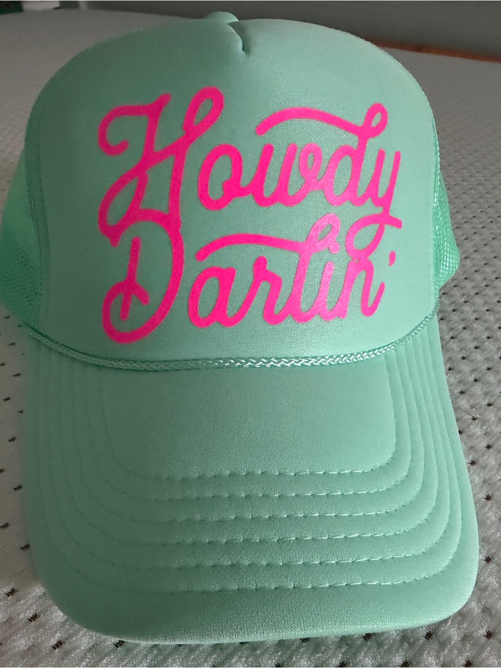 Mint Trucker Hat with Pink "Howdy Darlin'" Script